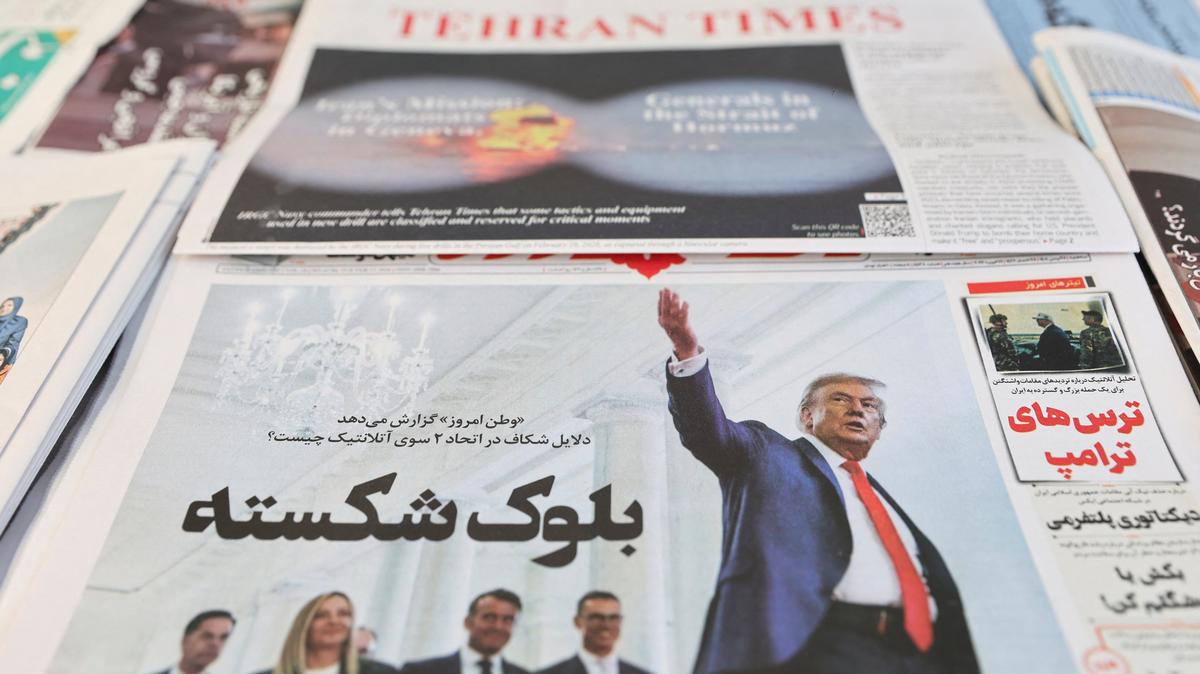 An Iranian newspaper with a cover photo of U.S. President Donald Trump, in Tehran, Iran, February 17, 2026. Majid Asgaripour/WANA (West Asia News Agency) via REUTERS