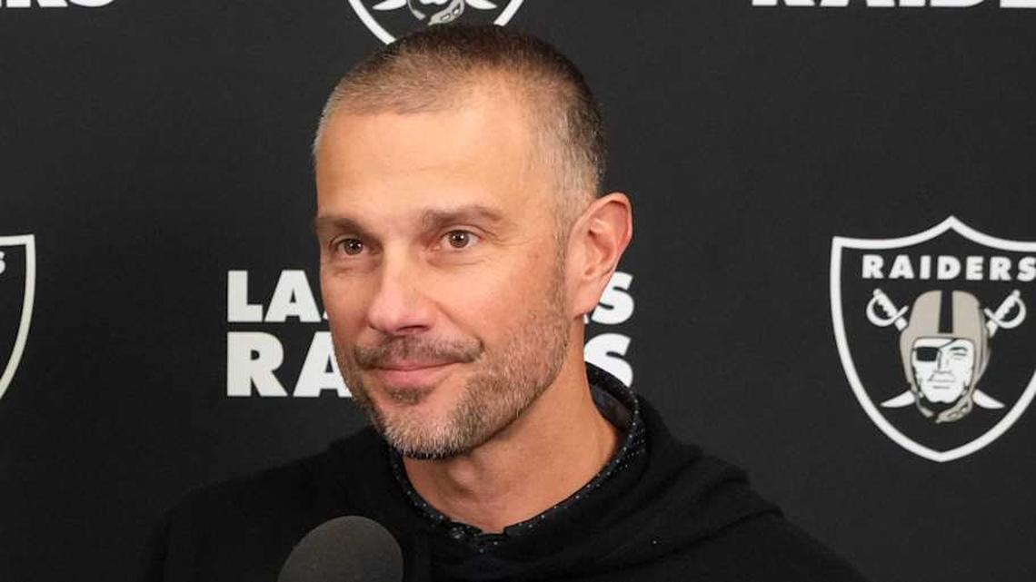  Feb 25, 2025; Indianapolis, IN, USA; Las Vegas Raiders general manager John Spytek (right) is interviewed by Raiders.com senior writer Eddie Paskal on radio row during the NFL Scouting Combine at the Indiana Convention Center. Mandatory Credit: Kirby Lee-Imagn Images | Kirby Lee-Imagn Images 