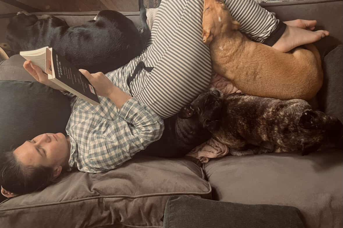  Eliza Hesford with her dogs, left to right: Lucy (puggle), Monroe (French bulldog), Merrick (French bulldog) and Margot (terrier mix). 