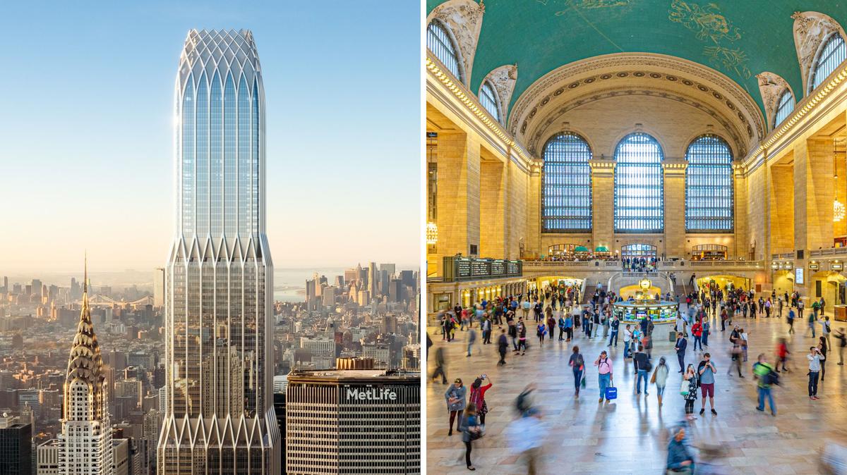 Rendering of 175 Park Avenue and stock image of Grand Central Station. A rendering of 175 Park Avenue and a stock image of the main hall of Grand Central Station in New York City.