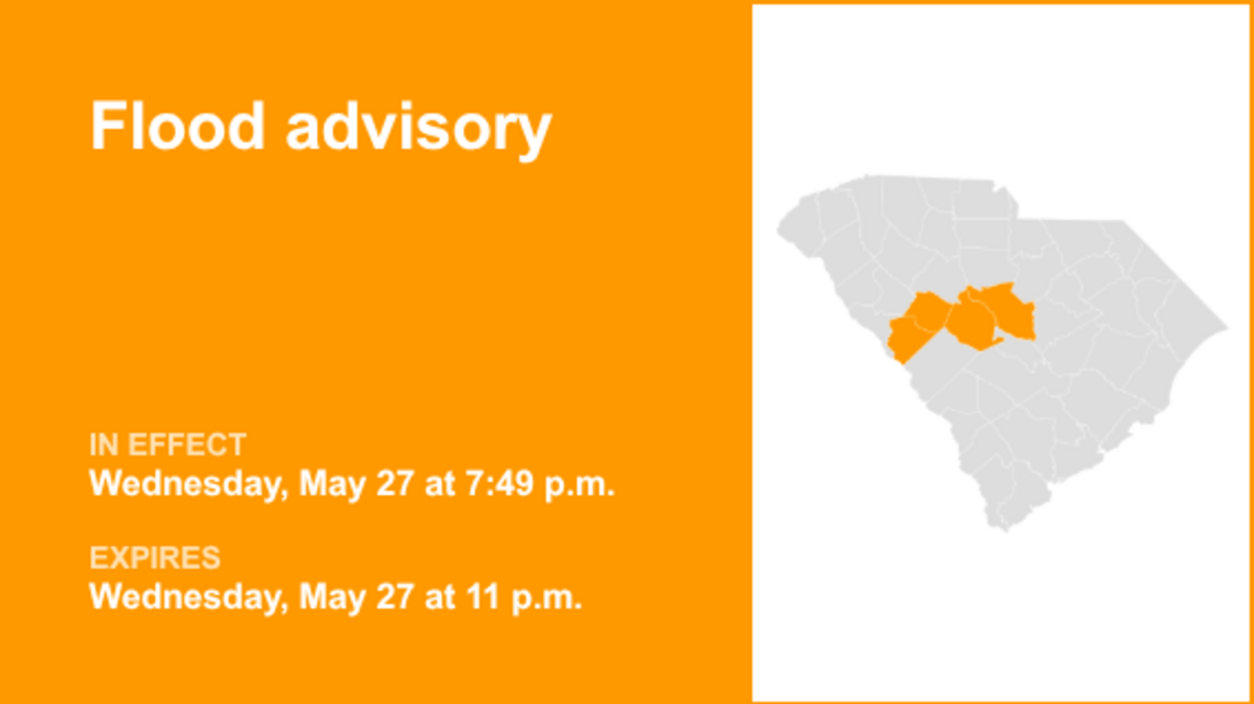 Flood advisory issued for Midlands until Wednesday night caused by significant downpours 