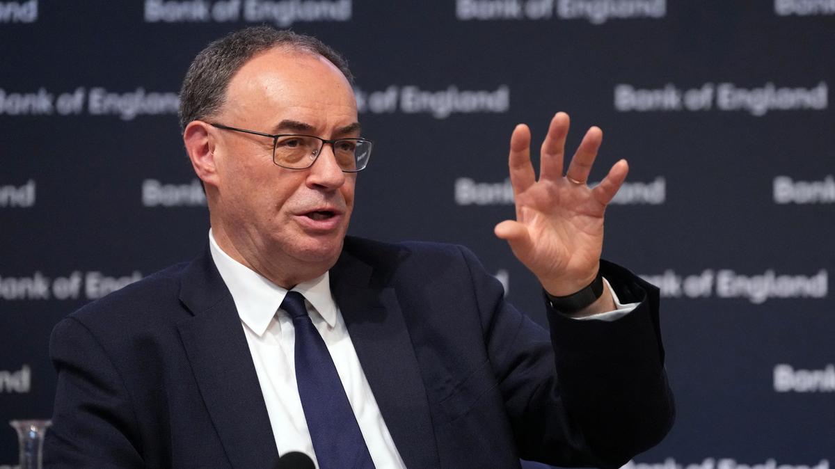 Bank of England Governor Andrew Bailey gestures as he speaks during the Monetary Policy Report Press Conference at the Bank of England in London, Britain, April 30, 2026.     Kirsty Wigglesworth/Pool via REUTERS