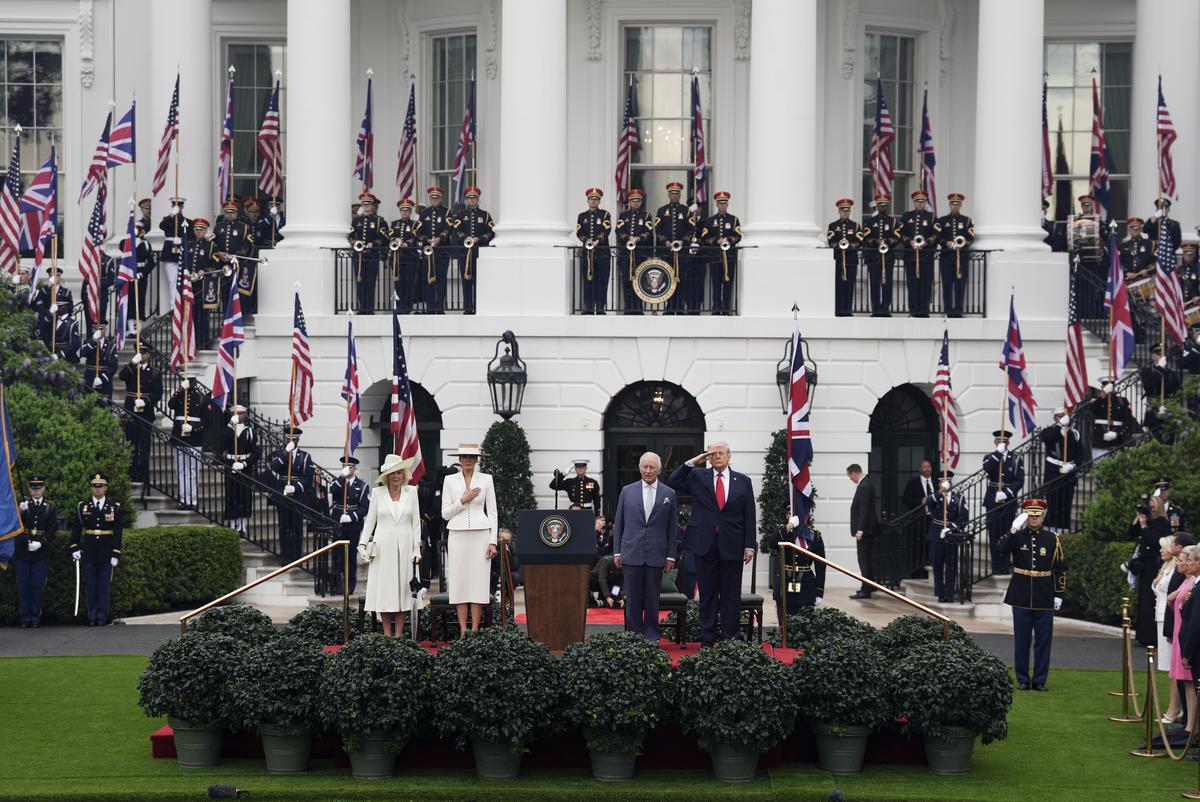 From right: President Donald Trump, King Charles III, first lady Melania Trump and Queen Camilla during an arrival ceremony on the South Lawn of the White House in Washington, on Tuesday, April 28, 2026. (Salwan Georges/The New York Times)