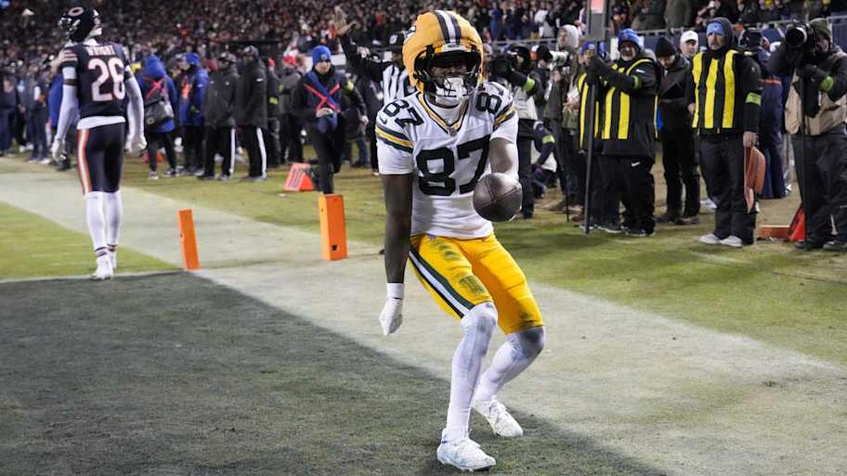  Jan 10, 2026; Chicago, IL, USA; Green Bay Packers wide receiver Romeo Doubs (87) reacts after scoring a touchdown against the Chicago Bears during the first half of an NFC Wild Card Round game at Soldier Field. | David Banks-Imagn Images 