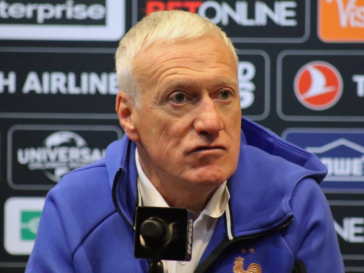  France manager Didier Deschamps listens to a question from a member of the media during a press conference at Gillette Stadium. Cameron Merritt/Taunton Daily Gazette / USA TODAY NETWORK via Imagn Images