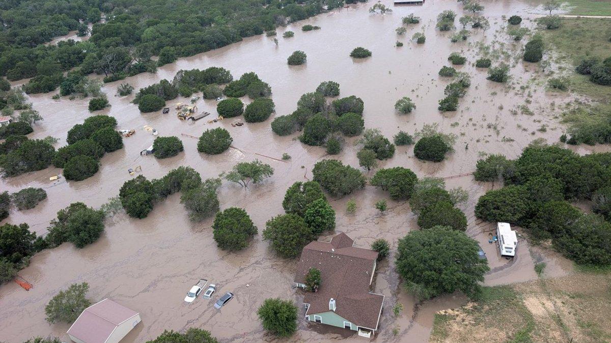 Aerial view of the flooding of the Guadalupe River near Kerrville, Texas, on Saturday, July 5, 2025, the day after the river surged to 26 feet, about the height of a two-story building, in the predawn hours of July 4.