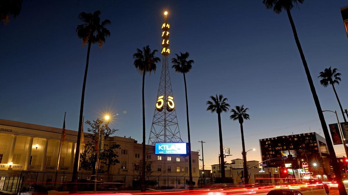 LOS ANGELES, CA - FEBRUARY 07: KTLA Channel 5 transmission tower, at Sunset and Bronson, on Monday, Feb. 7, 2022 in Los Angeles, CA. The 75th anniversary of KTLA, Los Angeles' original television station. (Gary Coronado / Los Angeles Times)