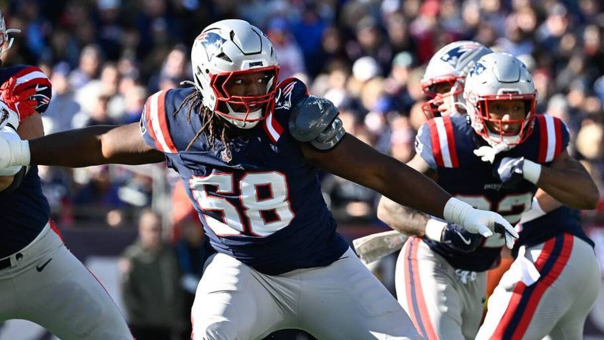  Nov 2, 2025; Foxborough, Massachusetts, USA; New England Patriots center Jared Wilson (58) in coverage during the first half against the Atlanta Falcons at Gillette Stadium. Mandatory Credit: Eric Canha-Imagn Images | Eric Canha-Imagn Images 