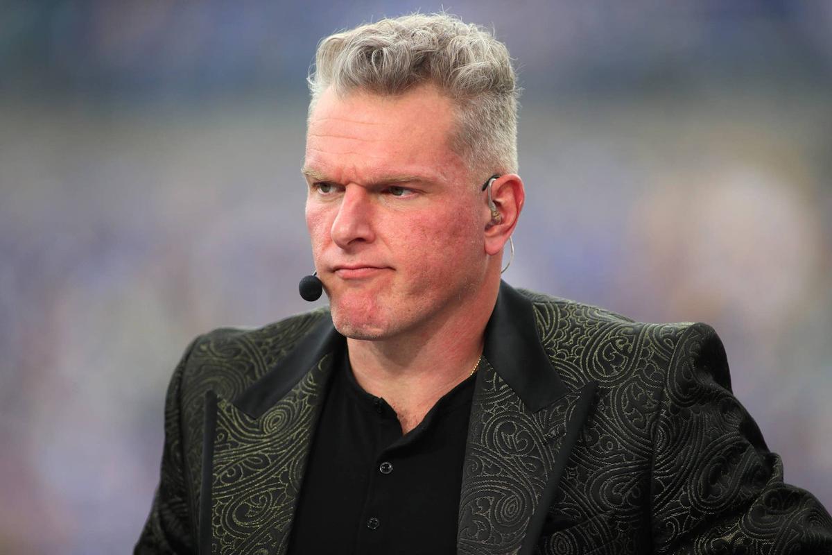  ESPN analyst Pat McAfee broadcasts live from the sidelines of Acrisure Stadium in Pittsburgh, PA prior to the start of the Pittsburgh Panthers vs Notre Dame Fighting Irish game on November 15, 2025. 