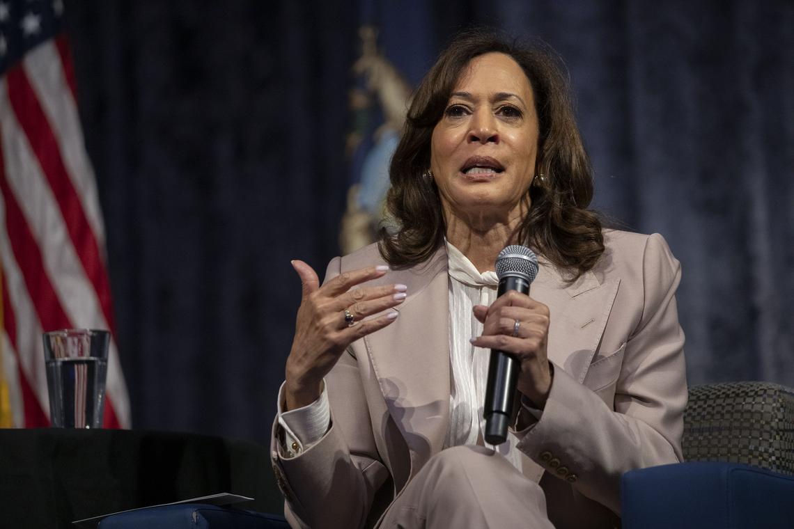  Former Vice President Kamala Harris speaks at the 38th Annual Michigan Democratic Women’s Caucus Legacy Luncheon on April 18, 2026, in Detroit. 