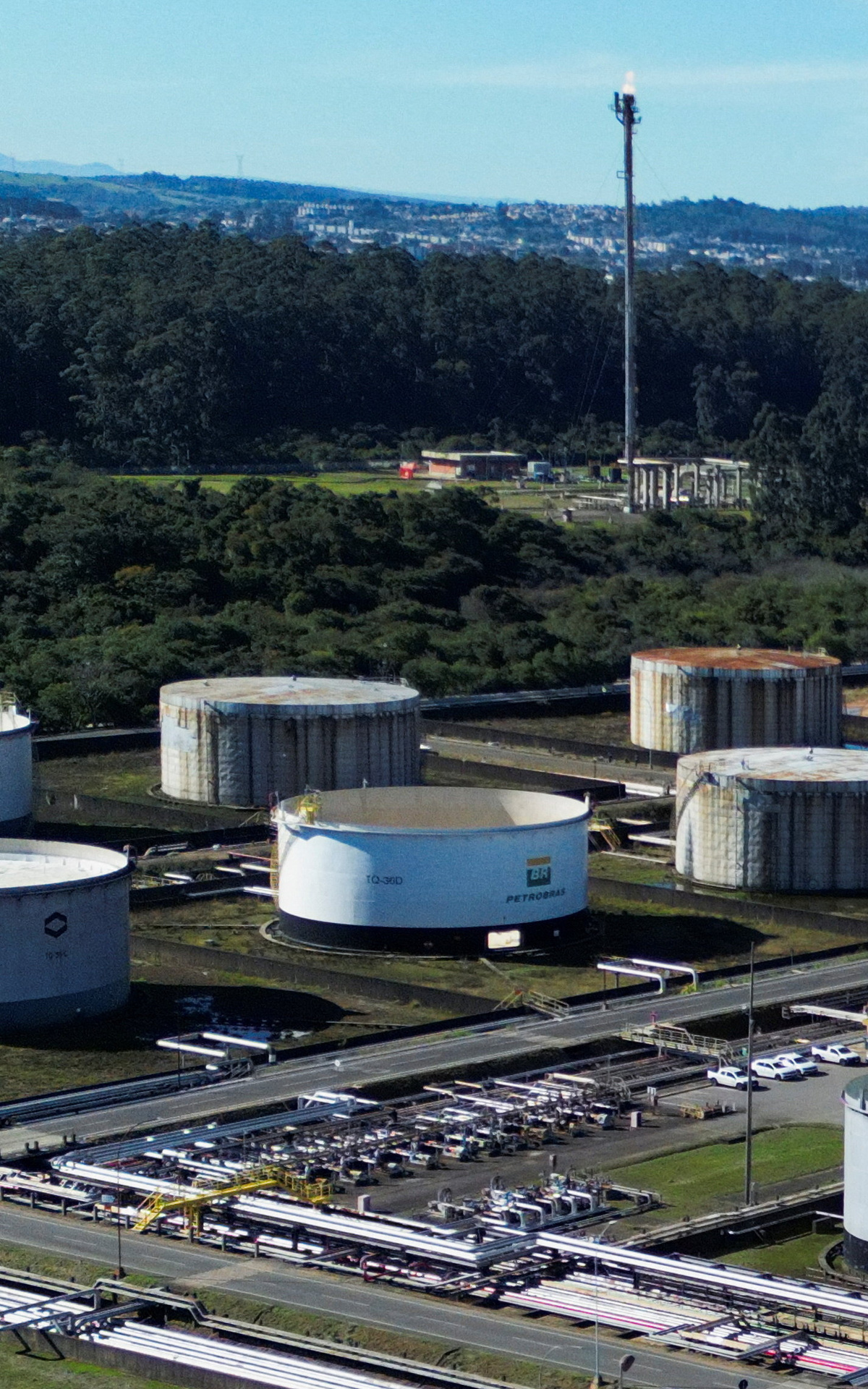A drone view shows storage tanks at Petrobras' Alberto Pasqualini Refinery (Refap) in Canoas, Rio Grande do Sul state, Brazil, July 15, 2026. REUTERS/Diego Vara