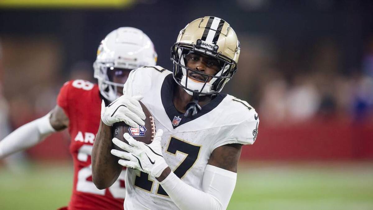  Aug 10, 2024; Glendale, Arizona, USA; New Orleans Saints wide receiver A.T. Perry (17) against the Arizona Cardinals during a preseason NFL game at State Farm Stadium. Mandatory Credit: Mark J. Rebilas-Imagn Images | Mark J. Rebilas-Imagn Images 