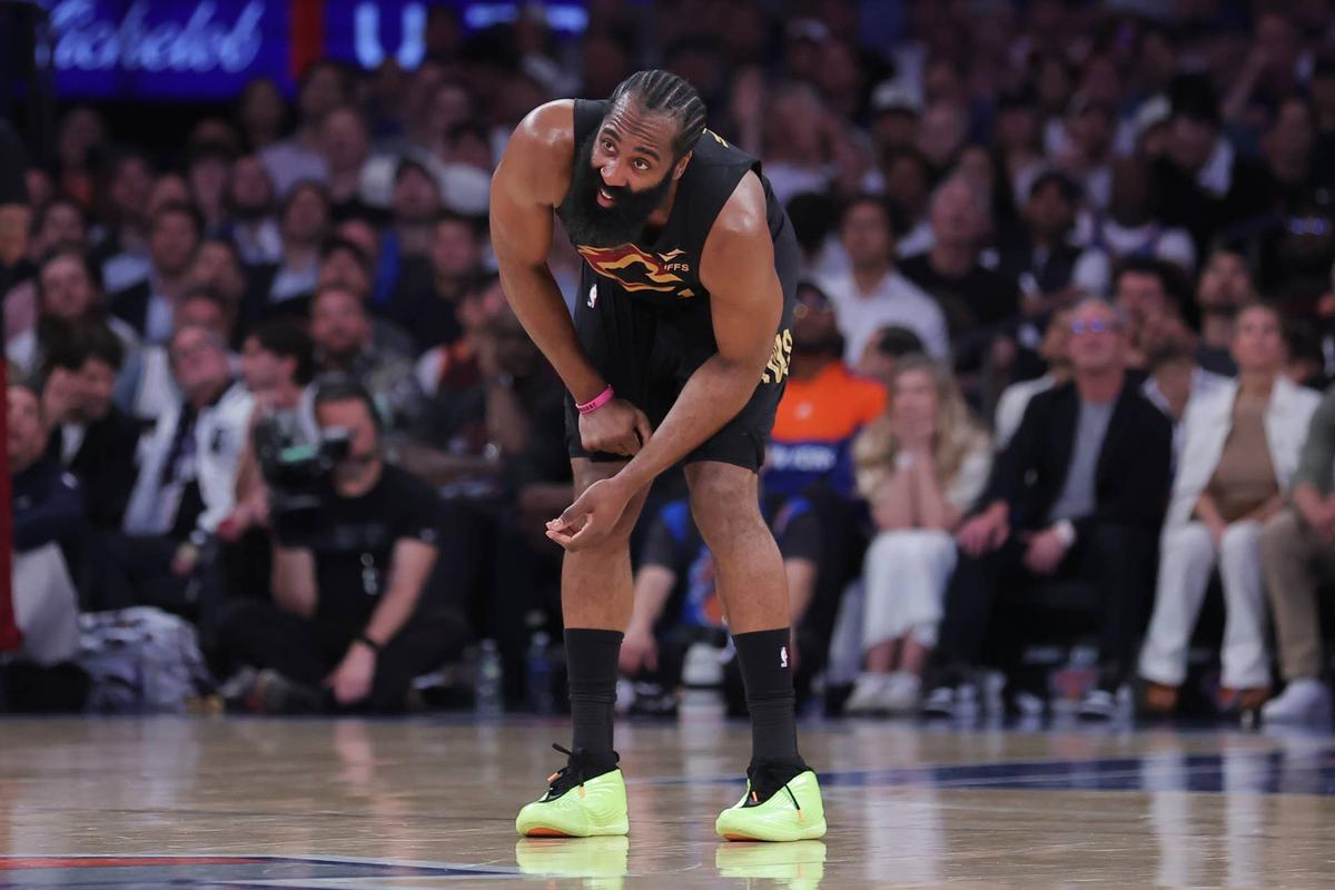  May 19, 2026; New York, New York, USA; Cleveland Cavaliers guard James Harden (1) reacts during the second quarter of game one of the eastern conference finals against the New York Knicks during the 2026 NBA playoffs at Madison Square Garden. Mandatory Credit: Brad Penner-Imagn Images 