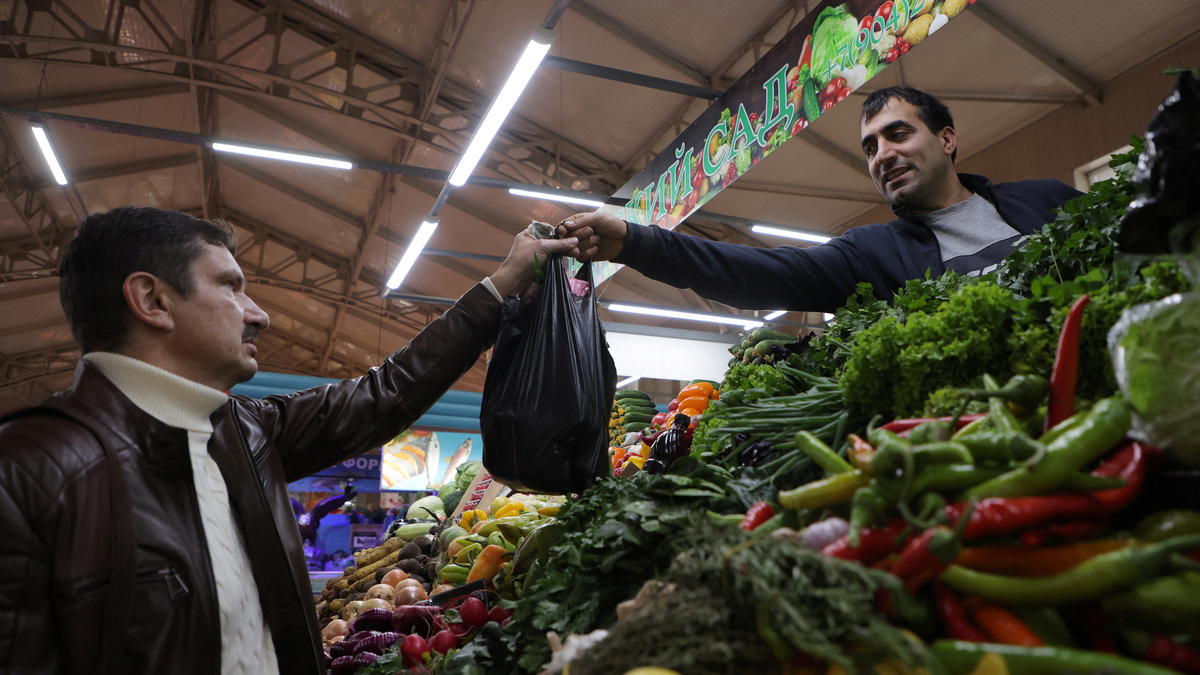 A vendor hands over a bag of vegetables to a customer at a food market in Saint Petersburg, Russia, November 10, 2023. REUTERS/Anton Vaganov