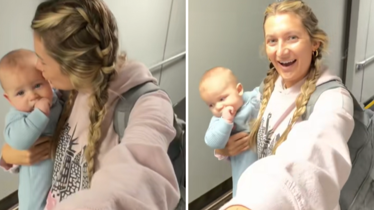 Kali Alexandria, 28, holding her young son, Beckett, stepping off a plane. 