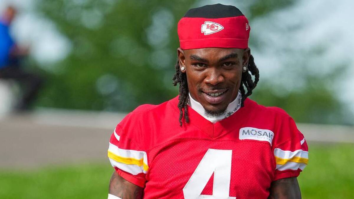  Jul 22, 2025; St. Joseph, MO, USA; Kansas City Chiefs wide receiver Rashee Rice (4) walks down the hill to the fields prior to training camp at Missouri Western State University. | IMAGN IMAGES via Reuters Connect 
