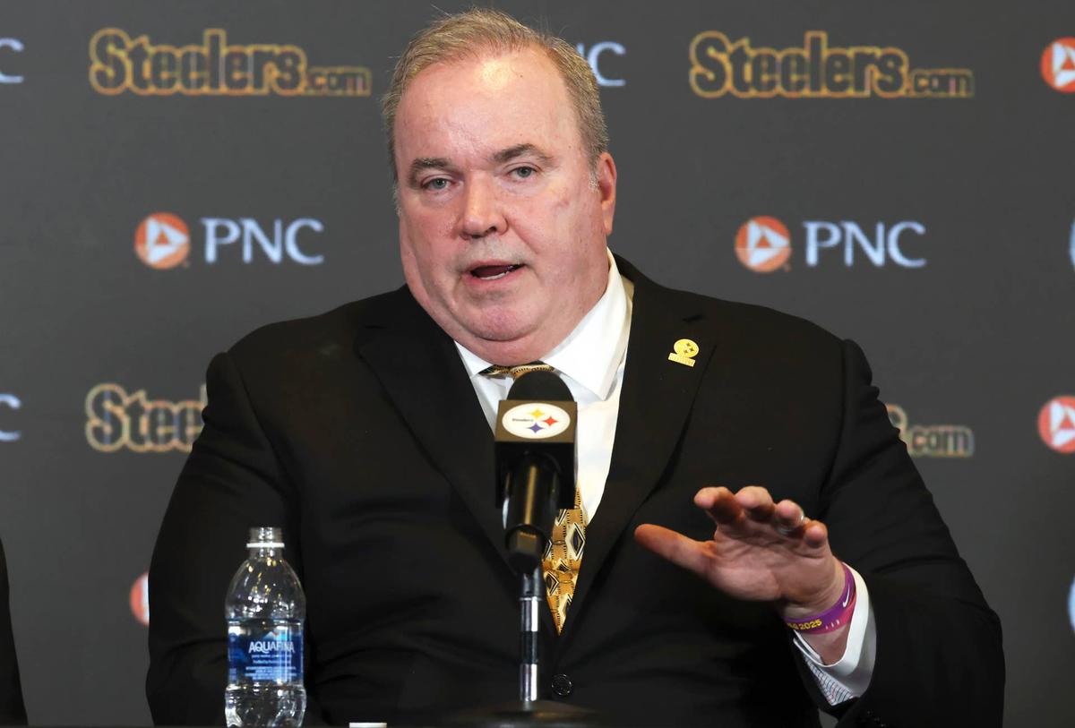  Jan 27, 2026; Pittsburgh, PA, USA; Pittsburgh Steelers head coach Mike McCarthy speaks at a press conference introducing him as the next head coach of the Steelers at PNC Champions Club at Acrisure Stadium.. Mandatory Credit: Charles LeClaire-Imagn Images 