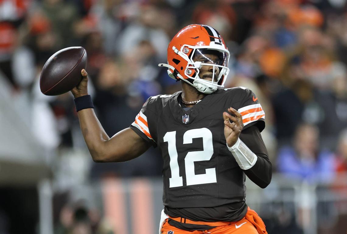  Nov 16, 2025; Cleveland, Ohio, USA; Cleveland Browns quarterback Shedeur Sanders (12) throws downfield during the fourth quarter against the Baltimore Ravens at Huntington Bank Field. Mandatory Credit: Scott Galvin-Imagn Images 