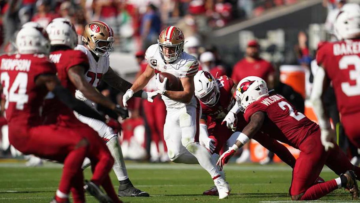  Sep 21, 2025; Santa Clara, California, USA; San Francisco 49ers running back Christian McCaffrey (23) carries the ball against the Arizona Cardinals during the second half at Levi's Stadium. Mandatory Credit: Cary Edmondson-Imagn Images | Cary Edmondson-Imagn Images 
