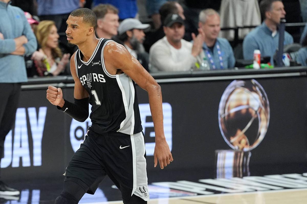  May 28, 2026; San Antonio, Texas, USA; San Antonio Spurs forward Victor Wembanyama (1) reacts in the first half during game six of the western conference finals for the 2026 NBA playoffs at Frost Bank Center. Mandatory Credit: Dustin Safranek-Imagn Images 