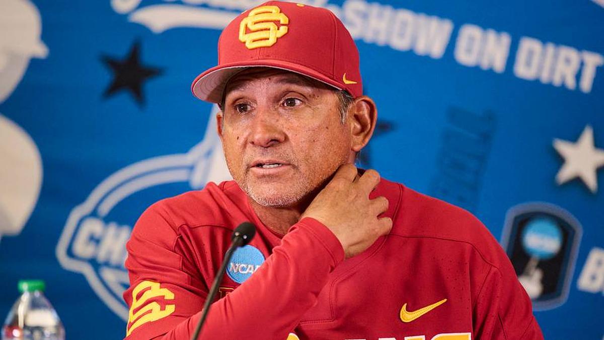  May 31, 2025; Corvallis, OR, USA; USC head coach Andy Stankiewicz takes questions after a game against Saint Mary's at the NCAA Corvallis Regional at Goss Stadium. | Troy Wayrynen-Imagn Images 