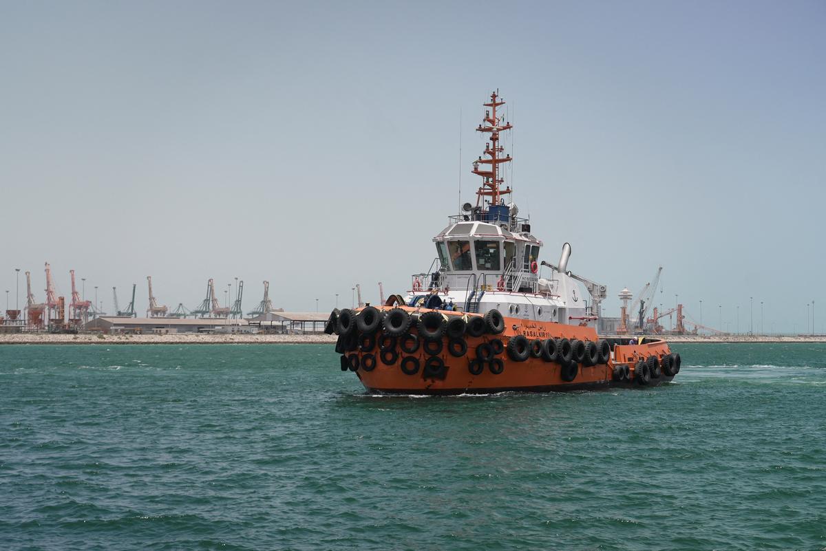 A tugboat sails in Saudi waters near the Dammam Port in Dammam, Saudi Arabia, May 17, 2026. REUTERS/Mohammed Benmansour