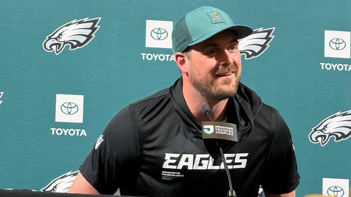  Eagles offensive coordinator Sean Mannion met with reporters on May 21, nearly four months after he was hired. | Ed Kracz/Eagles on SI 