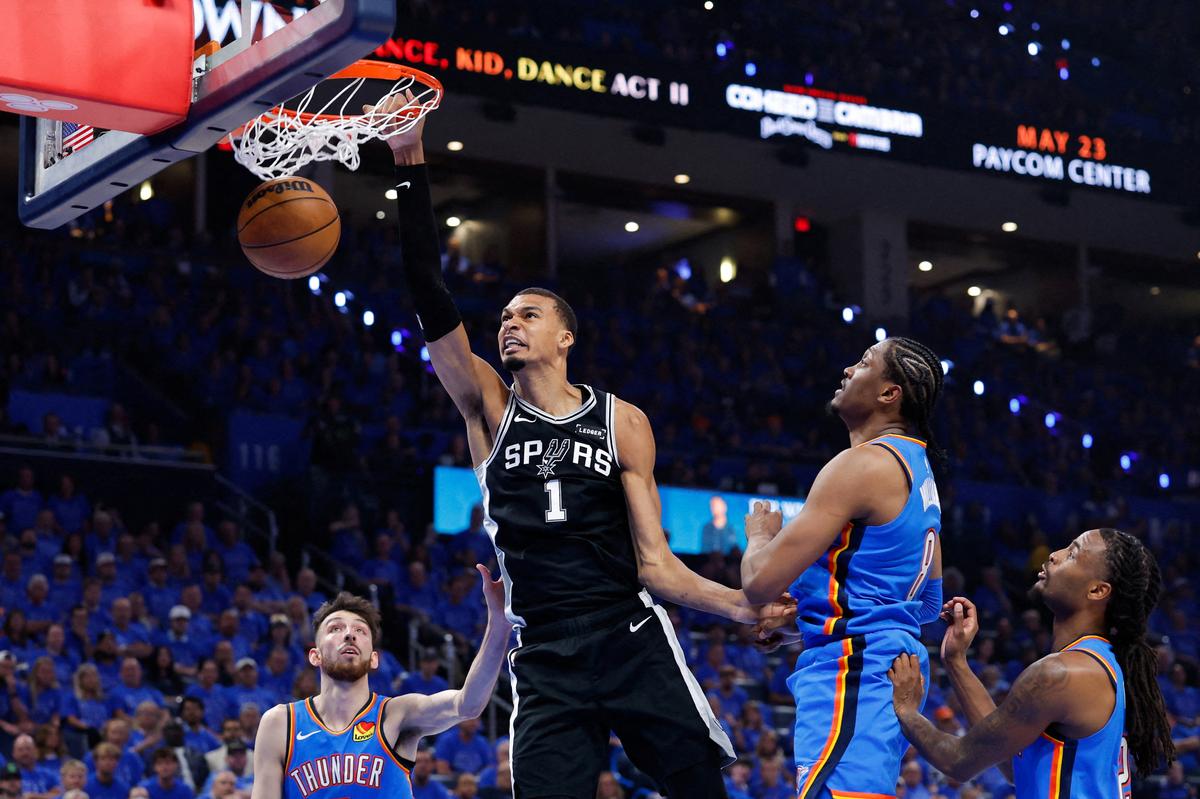 May 18, 2026; Oklahoma City, Oklahoma, USA; San Antonio Spurs center Victor Wembanyama (1) dunks the ball in the second quarter against the Oklahoma City Thunder during game one of the western conference finals for the 2026 NBA playoffs at Paycom Center. Mandatory Credit: Alonzo Adams-Imagn Images