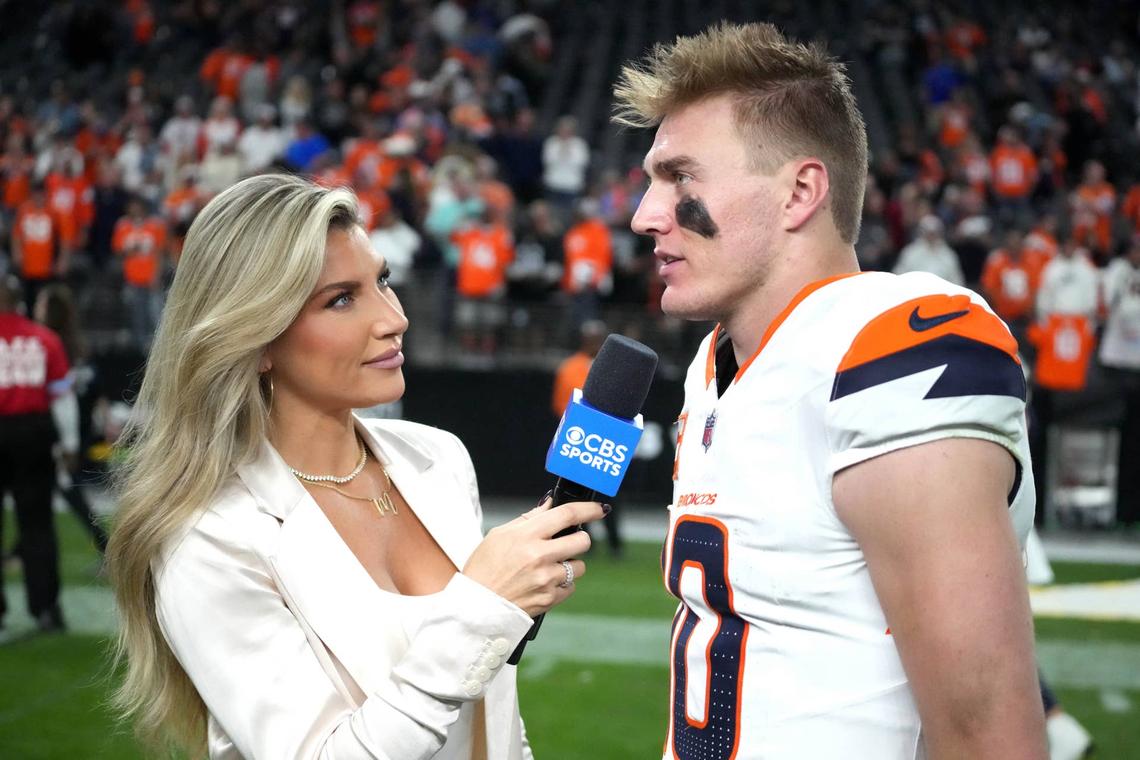 Nov 24, 2024; Paradise, Nevada, USA; CBS Sports reporter Melanie Collins (left) interviews Denver Broncos quarterback Bo Nix (10) after the game against the Las Vegas Raiders at Allegiant Stadium. Mandatory Credit: Kirby Lee-Imagn Images 