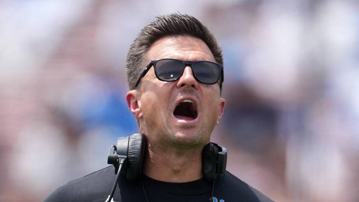  May 2, 2026; Pasadena, CA, USA; UCLA Bruins coach Bob Chesney reacts during the spring game at Rose Bowl. Mandatory Credit: Kirby Lee-Imagn Images | Kirby Lee-Imagn Images 