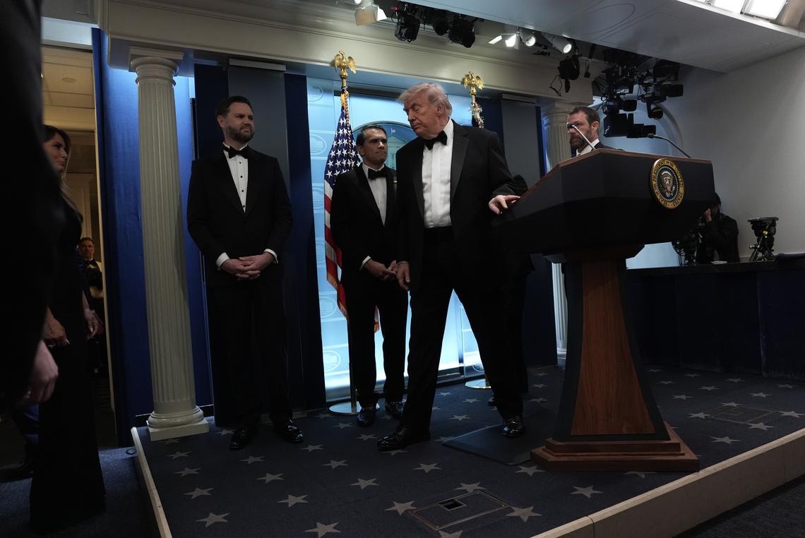 President Donald Trump departs after briefing reporters at the White House after shots were fired during the White House Correspondents' Association dinner at the Washington Hilton in Washington on Saturday, April 25, 2026. Trump was rushed from the stage but was unharmed. (Salwan Georges/The New York Times)