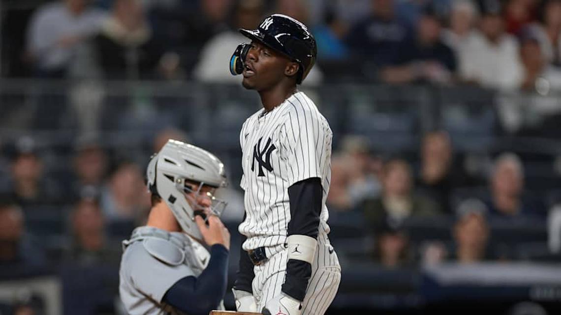  New York Yankees second baseman Jazz Chisholm Jr. (13) reacts after being called out on strikes during the second inning against the Detroit Tigers at Yankee Stadium. | Vincent Carchietta-Imagn Images 