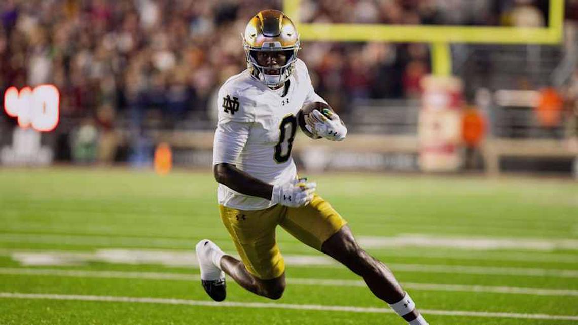  Nov 1, 2025; Chestnut Hill, Massachusetts, USA; Notre Dame Fighting Irish wide receiver Malachi Fields (0) runs after a catch in the fourth quarter against the Boston College Eagles at Alumni Stadium. Mandatory Credit: Edward Finan-Imagn Images | Edward Finan-Imagn Images 