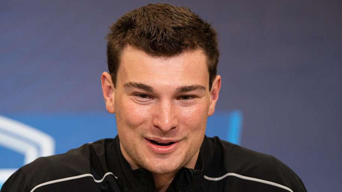  Feb 27, 2026; Indianapolis, IN, USA; Indiana quarterback Fernando Mendoza (QB11) speaks to members of the media during the NFL Combine at the Indiana Convention Center. Mandatory Credit: Jacob Musselman-Imagn Images | Jacob Musselman-Imagn Images 