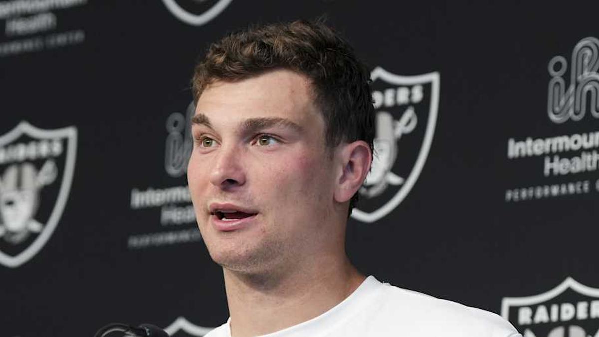  May 2, 2026; Henderson, NV, USA; Las Vegas Raiders quarterback Fernando Mendoza (15) speaks during a news conference at the team's Rookie Minicamp at Intermountain Health Performance Center. Mandatory Credit: Candice Ward-Imagn Images | Candice Ward-Imagn Images 
