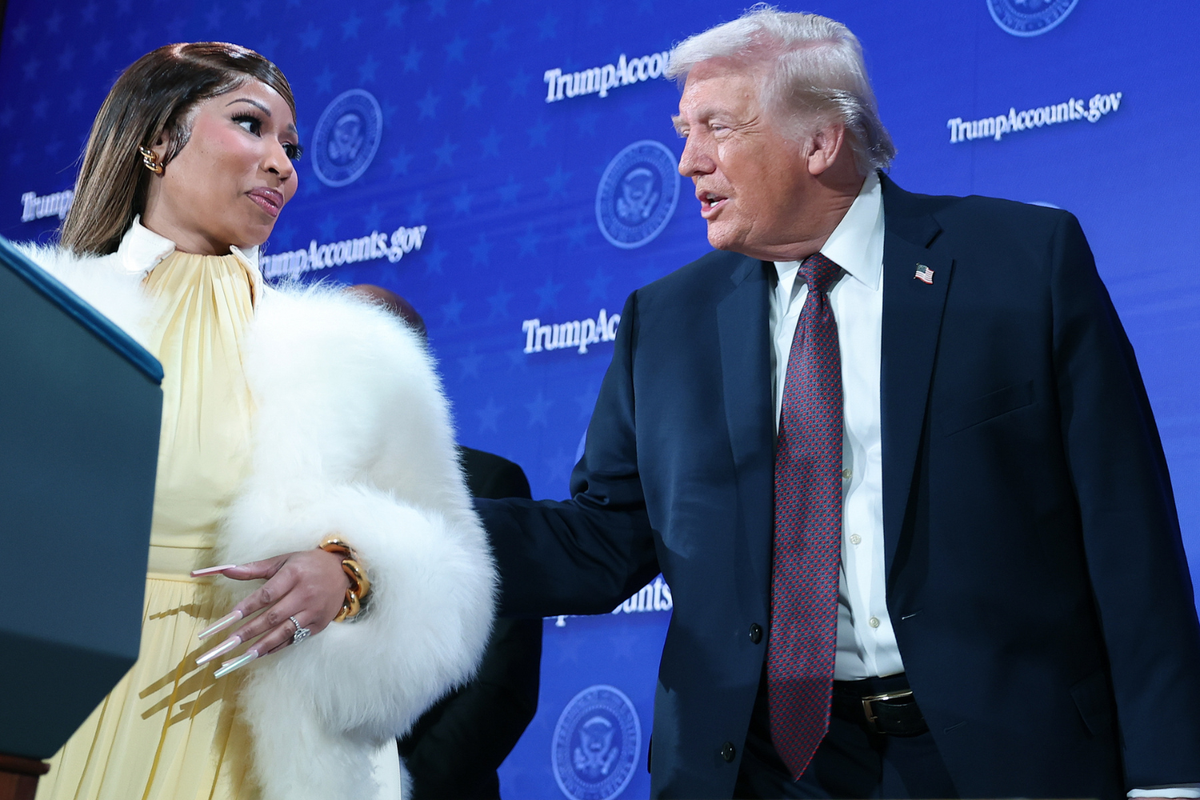  Nicki Minaj and President Donald Trump during the Treasury Department’s Trump Accounts Summit at Andrew W. Mellon Auditorium on January 28, 2026. 