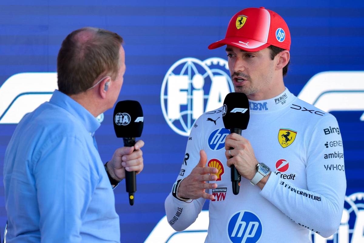  Ferrari driver Charles Leclerc (16) speaks to a reporter Sam Navarro-Imagn Images