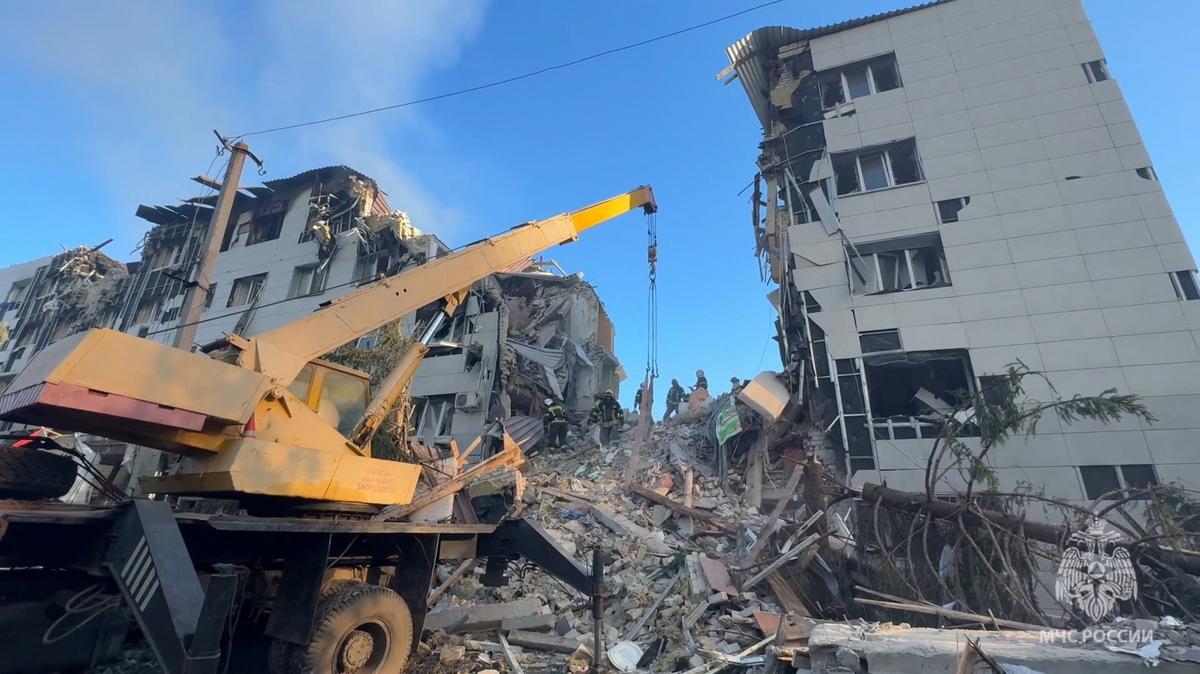 Rescuers work amid debris of a destroyed dormitory building of the Starobilsk College of Luhansk Pedagogical University following an overnight attack, what Russian-installed authorities called a Ukrainian drone strike, in the course of the Russia-Ukraine conflict in the town of Starobilsk (Starobelsk) in the Luhansk region, a Russian-controlled area of Ukraine, May 22, 2026, in this still image taken from video. Russian Emergencies Ministry in Lugansk Region/Handout via REUTERS