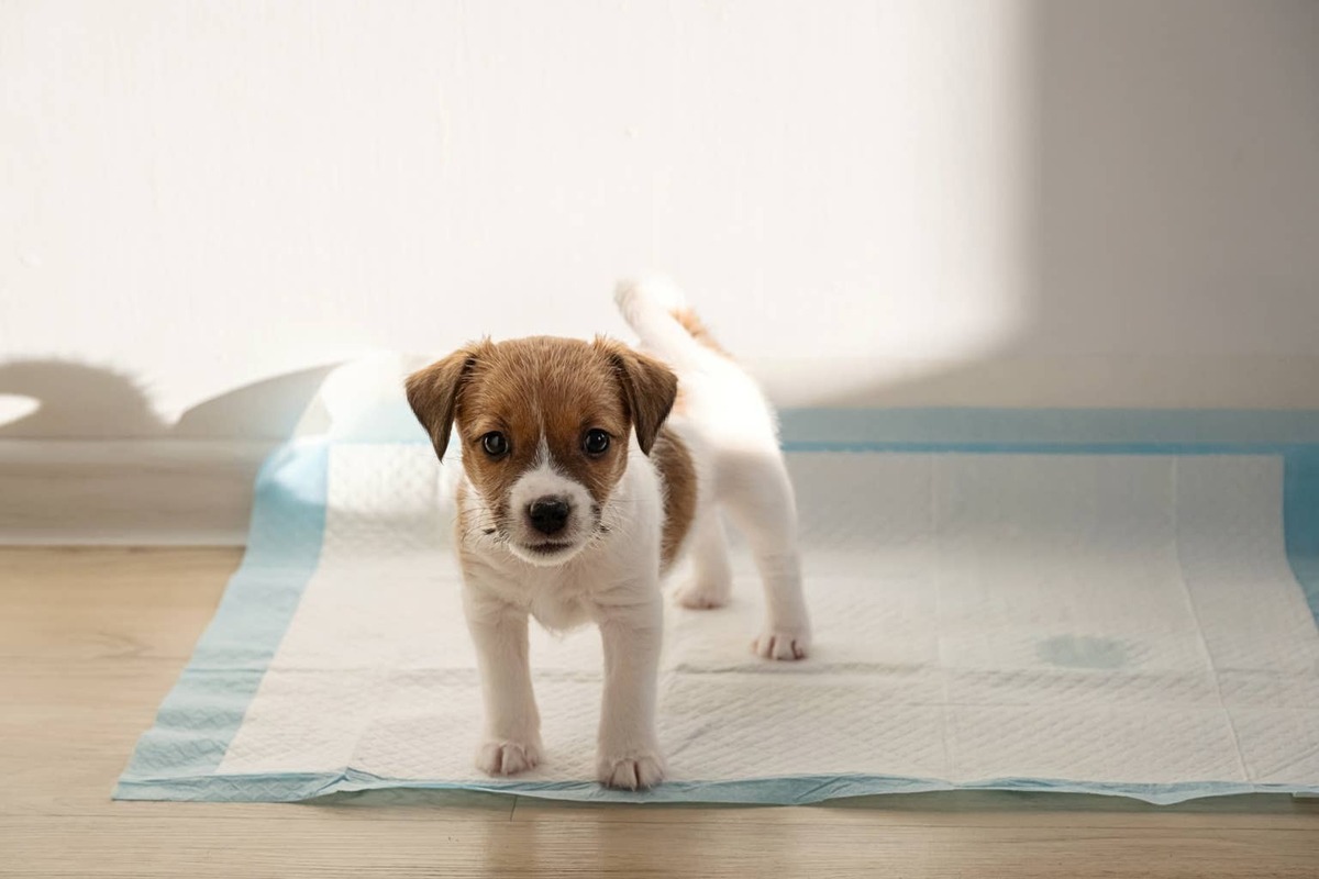  Small puppy standing on a dog training pad.