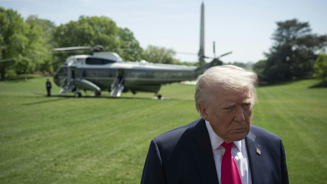President Donald Trump speaks to the press before departing the White House on April 16, 2026. 