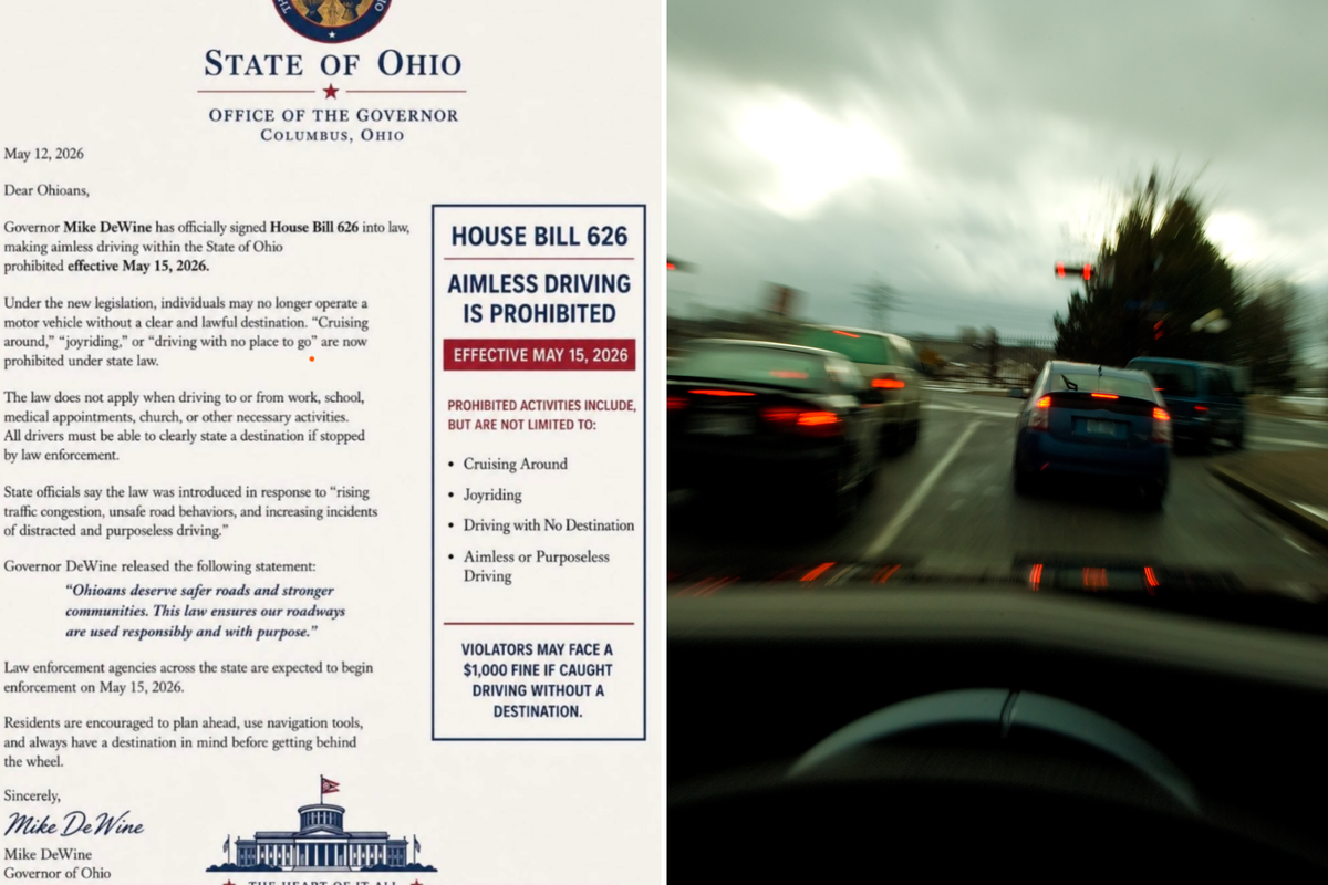  A screenshot of the fake letters circulating on social media, left, and a stock image of cars driving on a highway. 