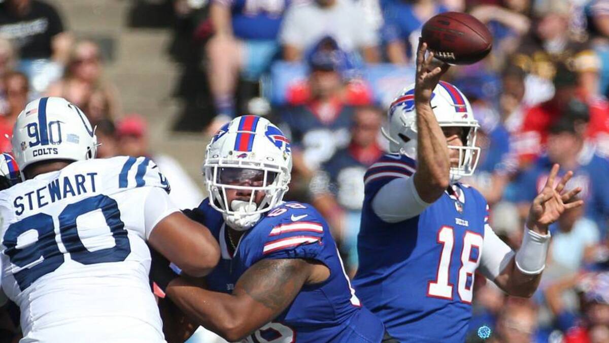  Buffalo offensive lineman Bobby Hart (68) blocks the Colts Grover Stewart (90), left, giving quarterback Case Keenum (18) a clean pocket to throw from during the Bills 27-24 win over Indianapolis in their preseason game Saturday, Aug. 13, 2022 at Highmark Stadium in Orchard Park. | Shawn Dowd / USA TODAY NETWORK 