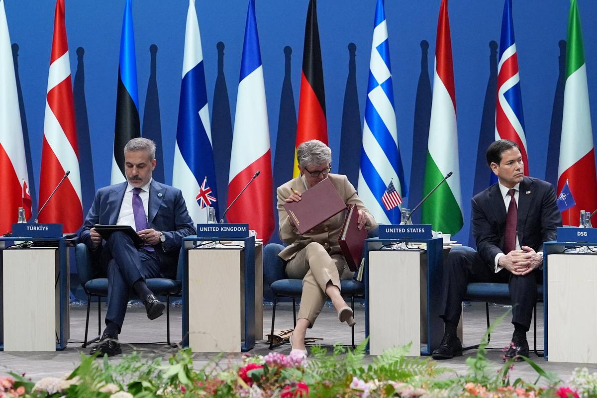 From left, Turkish Foreign Minister Hakan Fidan, Britain’s Foreign Secretary Yvette Cooper and United States Secretary of State Marco Rubio attend a meeting of the North Atlantic Council in NATO foreign ministers format in Helsingborg, Sweden, Friday, May 22, 2026.     Julia Demaree Nikhinson/Pool via REUTERS