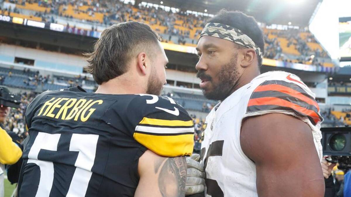  Dec 8, 2024; Pittsburgh, Pennsylvania, USA; Pittsburgh Steelers linebacker Nick Herbig (51) and Cleveland Browns defensive end Myles Garrett (95) shake hands after playing at Acrisure Stadium. Mandatory Credit: Charles LeClaire-Imagn Images | Charles LeClaire-Imagn Images 