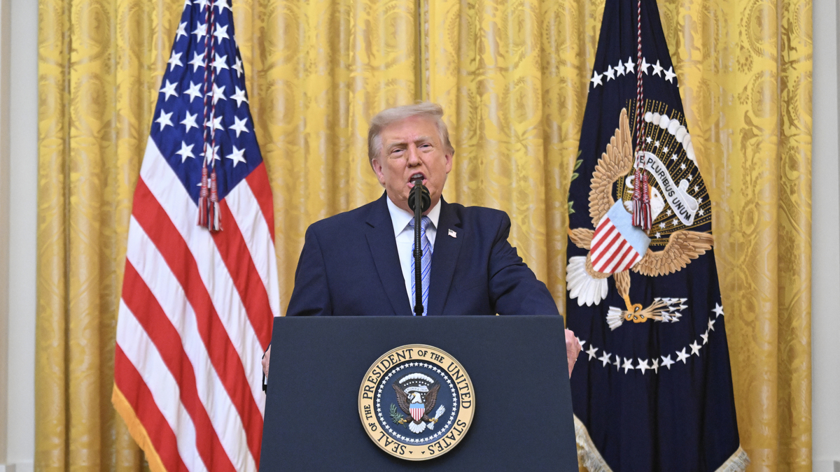 President Donald Trump addresses the nation from the East Room of the White House on July 16, 2026 in Washington, D.C. 