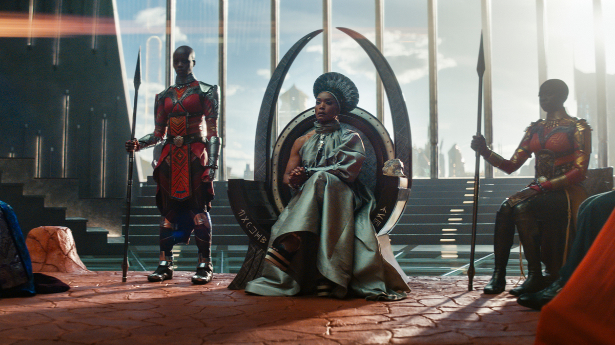 This image released by Marvel Studios shows, from left, Dorothy Steel as Merchant Tribe Elder, Florence Kasumba as Ayo, Angela Bassett as Ramonda, and Danai Gurira as Okoye in a scene from “Black Panther: Wakanda Forever.”