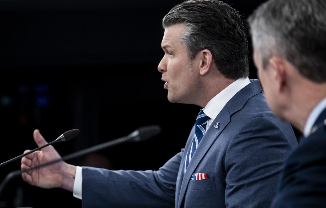 Secretary of Defense Pete Hegseth provides updates on the war in Iran at the Pentagon in Arlington, Va., Thursday, April 16, 2026. (Pete Marovich/The New York Times)