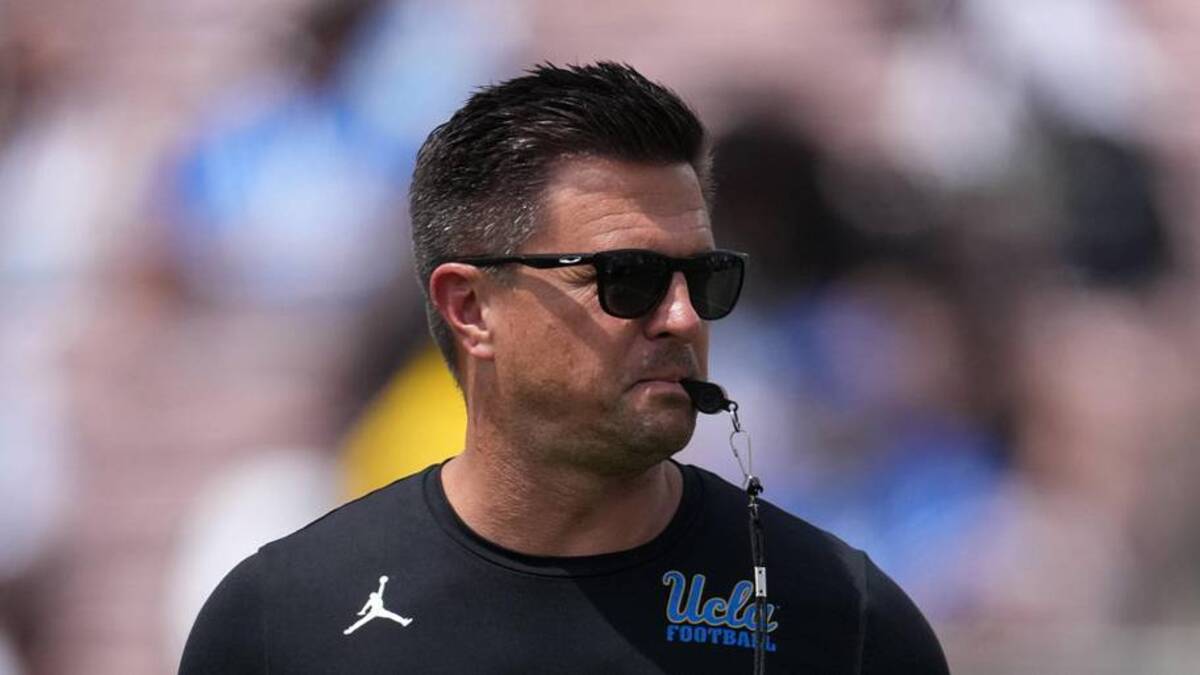  May 2, 2026; Pasadena, CA, USA; UCLA Bruins coach Bob Chesney reacts during the spring game at Rose Bowl. Mandatory Credit: Kirby Lee-Imagn Images | Kirby Lee-Imagn Images 