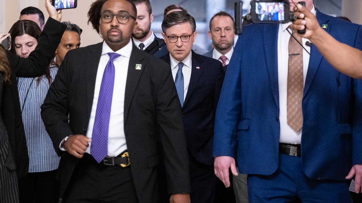 U.S. Congress. House Speaker Mike Johnson (R-La.) is surrounded by reporters and his security detail as he walks to the House chamber at the U.S. Capitol on April 30, 2026. (Francis Chung/POLITICO via AP Images)