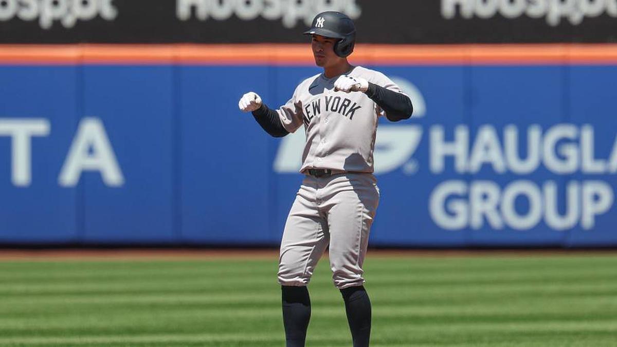 May 17, 2026; New York City, New York, USA; New York Yankees shortstop Anthony Volpe (11) reacts after hitting a double during the second inning against the New York Mets at Citi Field. Mandatory Credit: Vincent Carchietta-Imagn Images | Vincent Carchietta-Imagn Images 